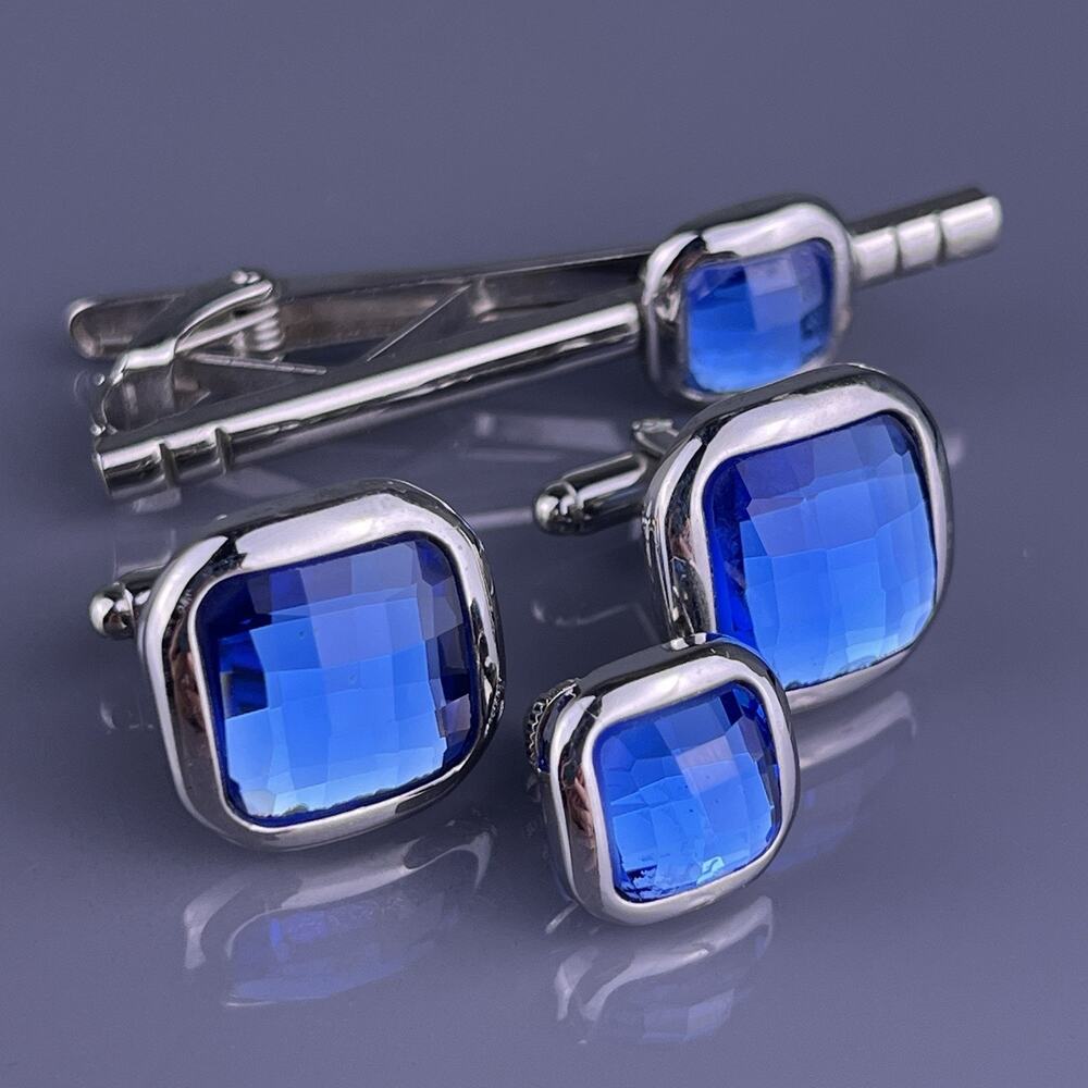 Square Blue Cut Rhinestone Cufflinks Tie Clip Pin Silver Tone Formal Vintage
